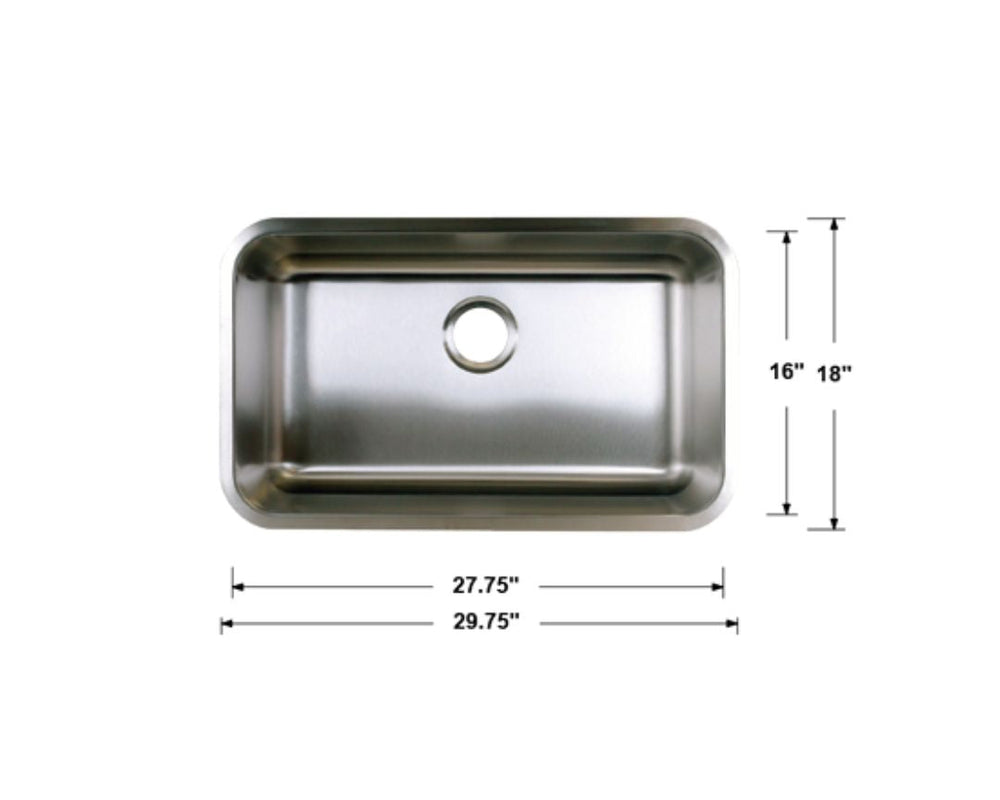 Single Bowl Stainless Steel Kitchen Sink  29.75” x 18” x 9.5