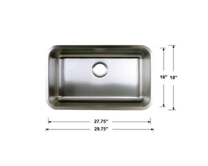 Single Bowl Stainless Steel Kitchen Sink  29.75” x 18” x 9.5