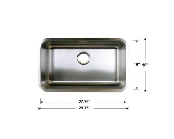 Single Bowl Stainless Steel Kitchen Sink  29.75” x 18” x 9.5