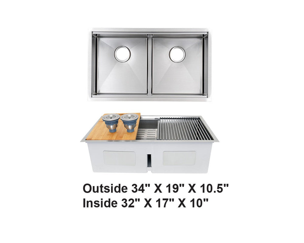 AD-H3419D-Double Bowl Zero Radius Workstation Kitchen Sink-  34” x 19” x 10”