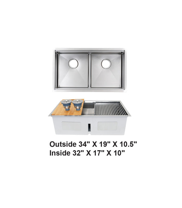 Double Bowl Zero Radius Workstation Kitchen Sink-  34” x 19” x 10”