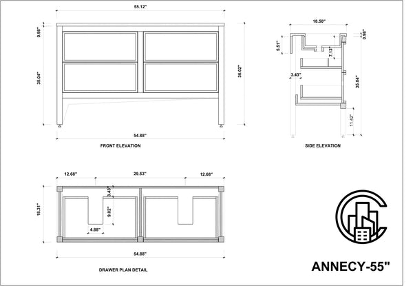 ANNECY 55” DARK WALNUT BATHROOM VANITY