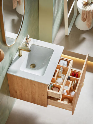 BARCELONA 24” NATURAL OAK BATHROOM VANITY ( WHITE/BLACK COUNTERTOP)