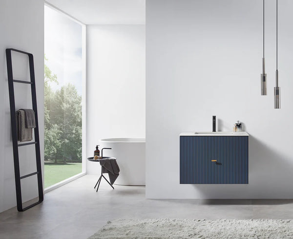 BARCELONA 30” DARK BLUE BATHROOM VANITY (BLACK/WHITE COUNTERTOP)