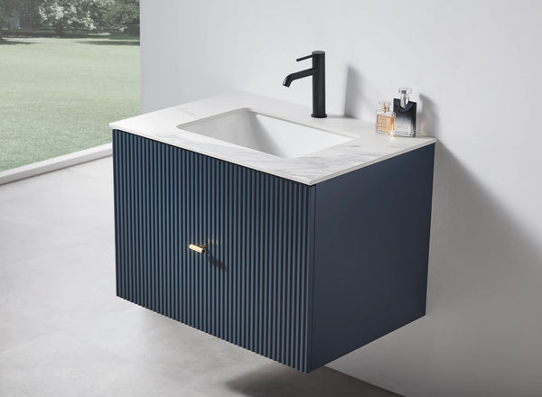 BARCELONA 30” DARK BLUE BATHROOM VANITY (BLACK/WHITE COUNTERTOP)