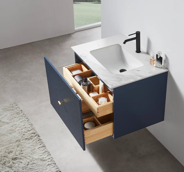 BARCELONA 30” DARK BLUE BATHROOM VANITY (BLACK/WHITE COUNTERTOP)