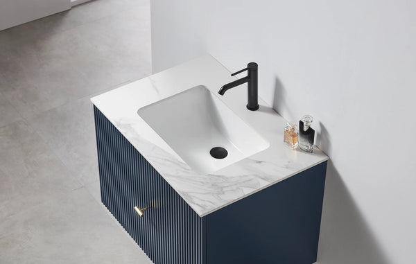 BARCELONA 30” DARK BLUE BATHROOM VANITY (BLACK/WHITE COUNTERTOP)