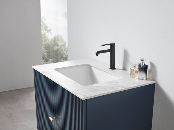 BARCELONA 30” DARK BLUE BATHROOM VANITY (BLACK/WHITE COUNTERTOP)