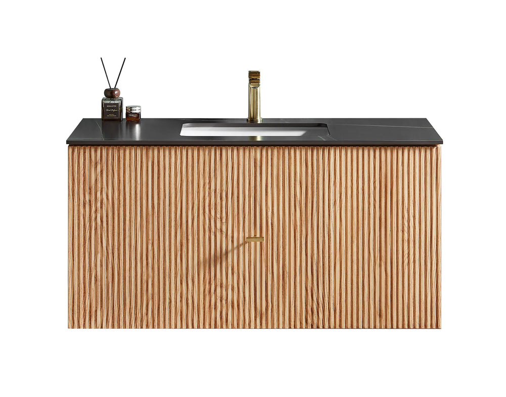 BARCELONA 42” NATURAL OAK BATHROOM VANITY (WHITE/BLACK COUNTERTOP)