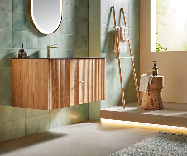 BARCELONA 42” NATURAL OAK BATHROOM VANITY (WHITE/BLACK COUNTERTOP)