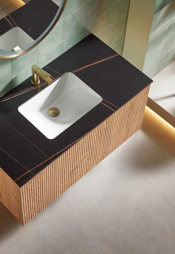 BARCELONA 42” NATURAL OAK BATHROOM VANITY (WHITE/BLACK COUNTERTOP)