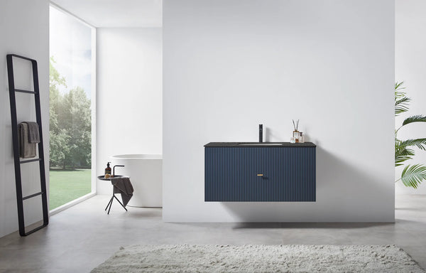 BARCELONA 42” DARK BLUE  BATHROOM VANITY (WHITE/BLACK COUNTERTOP)