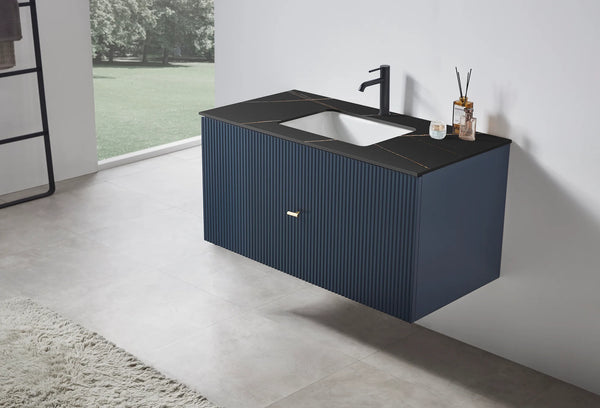 BARCELONA 42” DARK BLUE  BATHROOM VANITY (WHITE/BLACK COUNTERTOP)