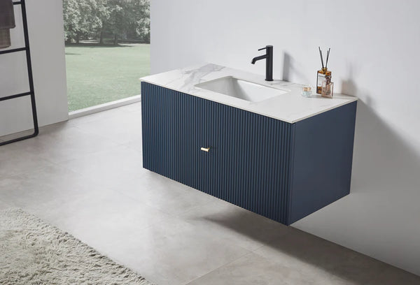 BARCELONA 42” DARK BLUE  BATHROOM VANITY (WHITE/BLACK COUNTERTOP)