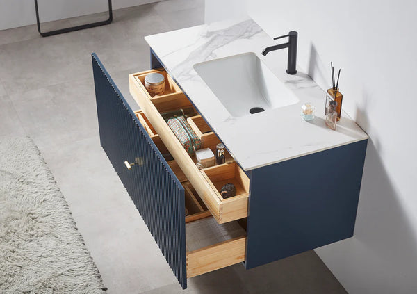 BARCELONA 42” DARK BLUE  BATHROOM VANITY (WHITE/BLACK COUNTERTOP)