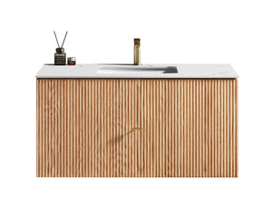 BARCELONA 42” NATURAL OAK BATHROOM VANITY (WHITE/BLACK COUNTERTOP)