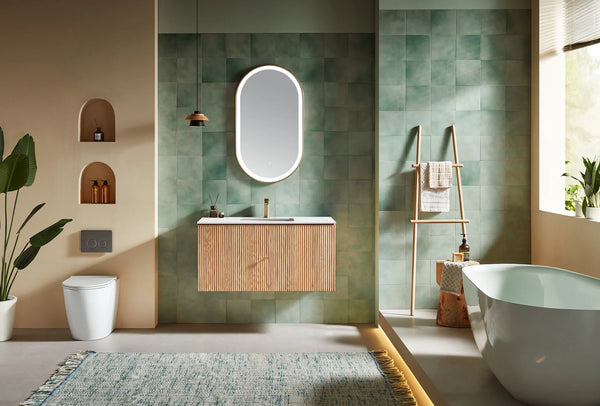 BARCELONA 42” NATURAL OAK BATHROOM VANITY (WHITE/BLACK COUNTERTOP)