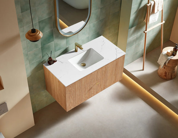 BARCELONA 42” NATURAL OAK BATHROOM VANITY (WHITE/BLACK COUNTERTOP)