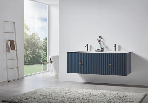 BARCELONA 60” DARK BLUE BATHROOM VANITY (WHITE/BLACK COUNTERTOP)