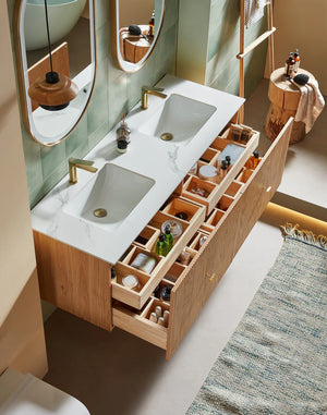 BARCELONA 60” NATURAL OAK BATHROOM VANITY (WHITE/BLACK COUNTERTOP)