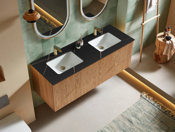 BARCELONA 60” NATURAL OAK BATHROOM VANITY (WHITE/BLACK COUNTERTOP)