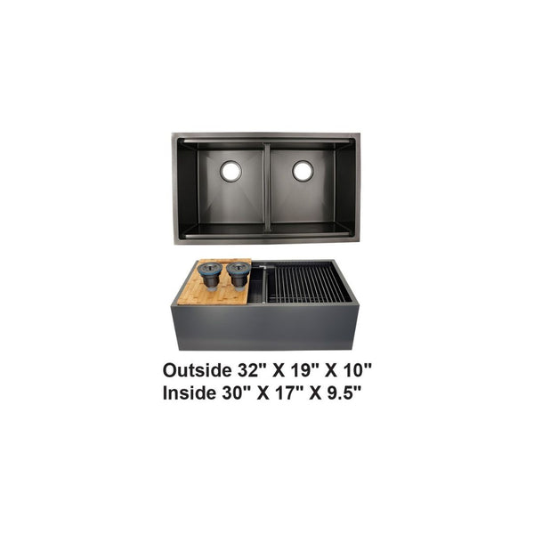 AD-F3219DBK Black Double Bowl Farmhouse Apron Front Stainless Steel Sink