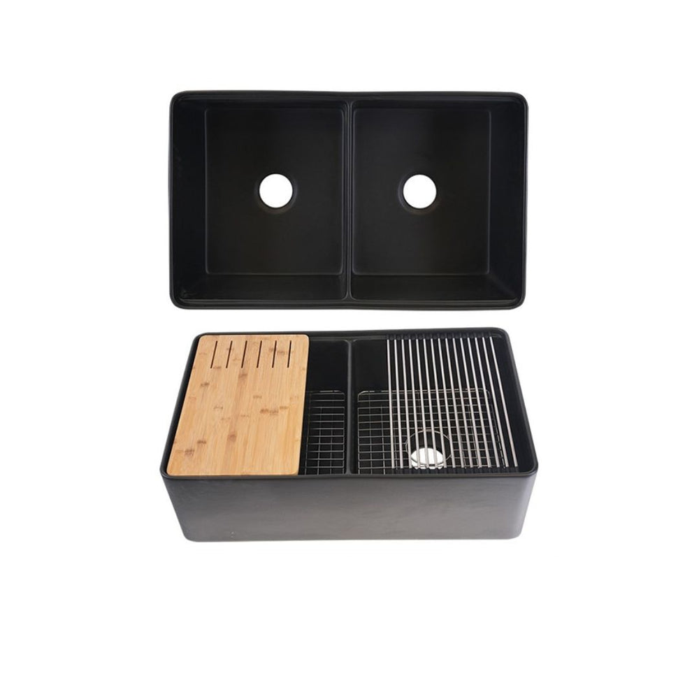 AD-FC12 Double Bowl Farmhouse Fireclay Sink Matte Black