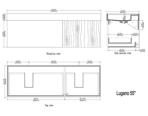 LUGANO 55” MATTE BLACK GLASS/MAPLE BATHROOM VANITY