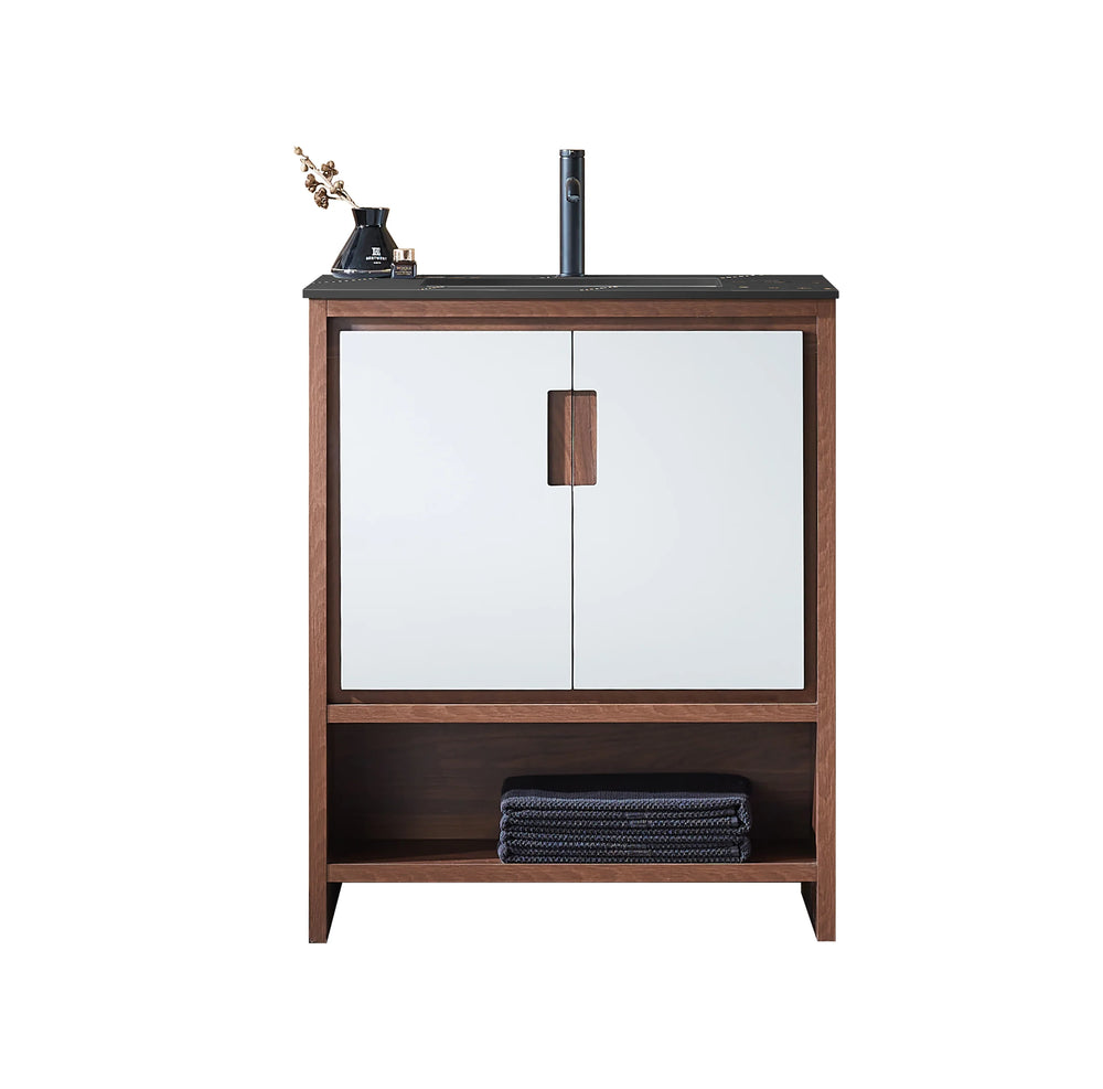 LYON 30” BEIGE/WALNUT BATHROOM VANITY (BLACK/WHITE COUNTERTOP)