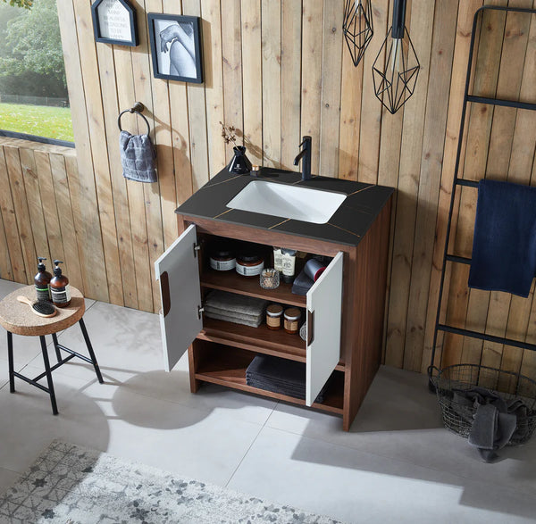 LYON 30” BEIGE/WALNUT BATHROOM VANITY (BLACK/WHITE COUNTERTOP)