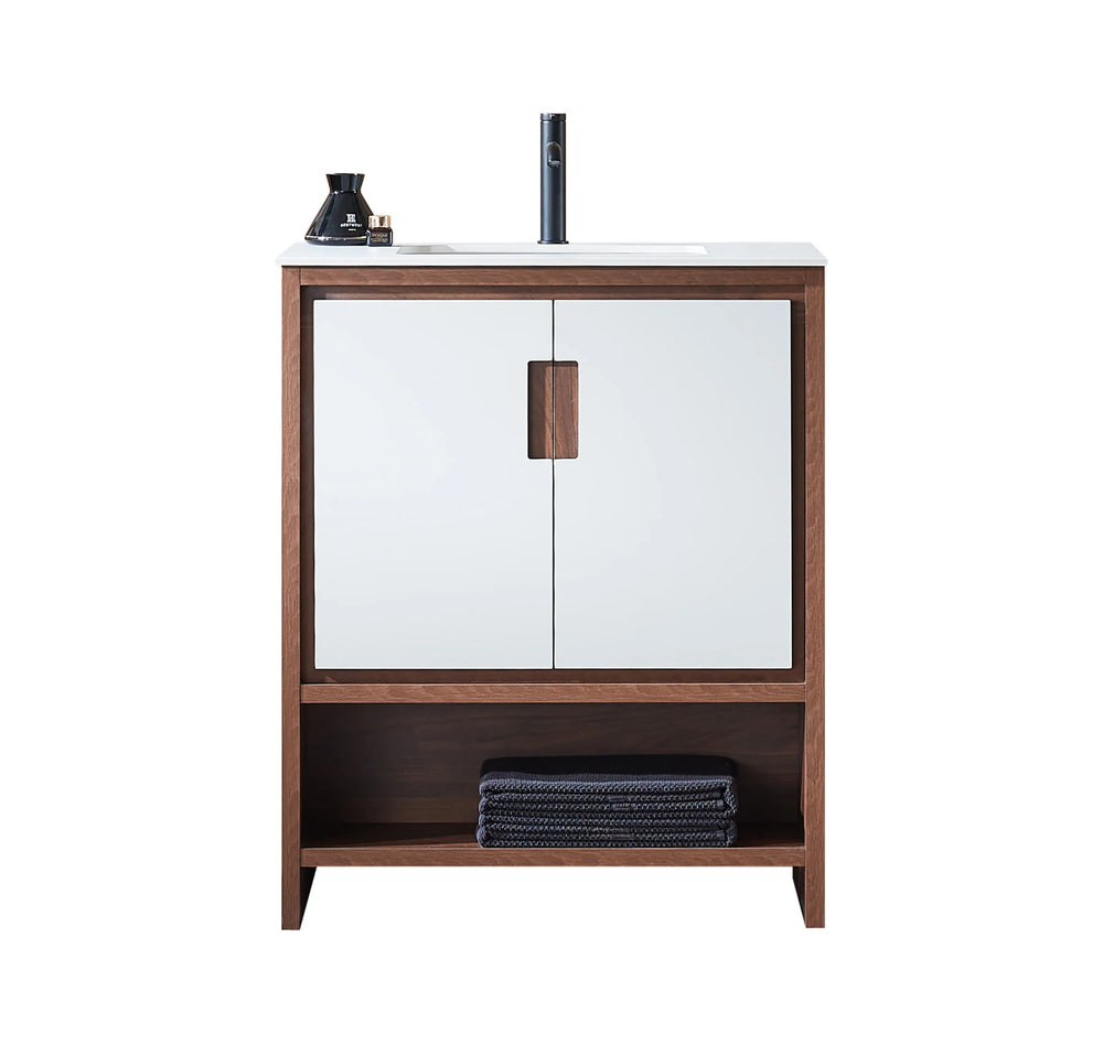 LYON 30” BEIGE/WALNUT BATHROOM VANITY (BLACK/WHITE COUNTERTOP)