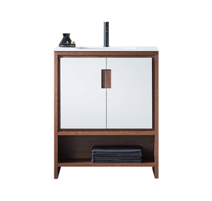 LYON 30” BEIGE/WALNUT BATHROOM VANITY (BLACK/WHITE COUNTERTOP)