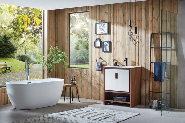 LYON 30” BEIGE/WALNUT BATHROOM VANITY (BLACK/WHITE COUNTERTOP)
