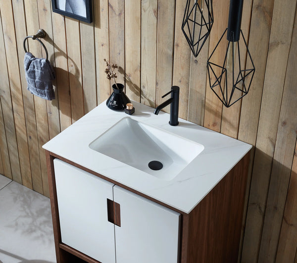LYON 30” BEIGE/WALNUT BATHROOM VANITY (BLACK/WHITE COUNTERTOP)