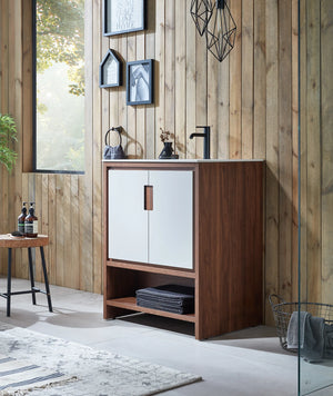 LYON 30” BEIGE/WALNUT BATHROOM VANITY (BLACK/WHITE COUNTERTOP)