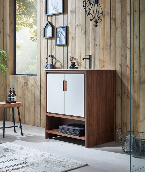 LYON 30” BEIGE/WALNUT BATHROOM VANITY (BLACK/WHITE COUNTERTOP)