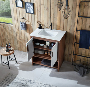 LYON 30” BEIGE/WALNUT BATHROOM VANITY (BLACK/WHITE COUNTERTOP)