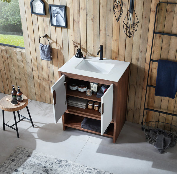LYON 30” BEIGE/WALNUT BATHROOM VANITY (BLACK/WHITE COUNTERTOP)