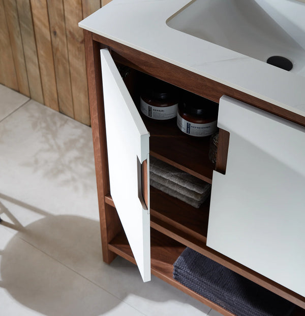 LYON 30” BEIGE/WALNUT BATHROOM VANITY (BLACK/WHITE COUNTERTOP)