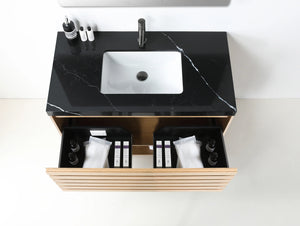 MATERA 36” PECAN OAK BATHROOM VANITY (BLACK /WHITE COUNTERTOP)