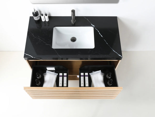 MATERA 36” PECAN OAK BATHROOM VANITY (BLACK /WHITE COUNTERTOP)