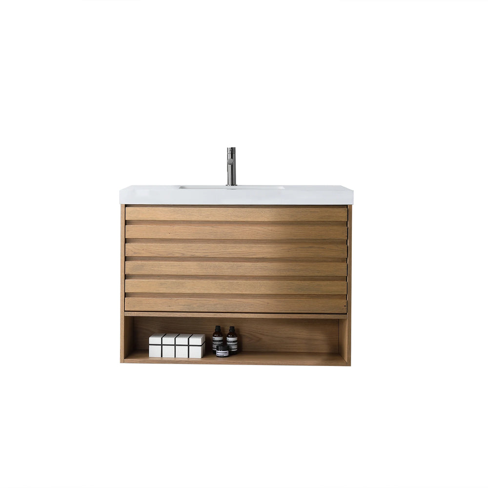 MATERA 36” PECAN OAK BATHROOM VANITY (BLACK /WHITE COUNTERTOP)