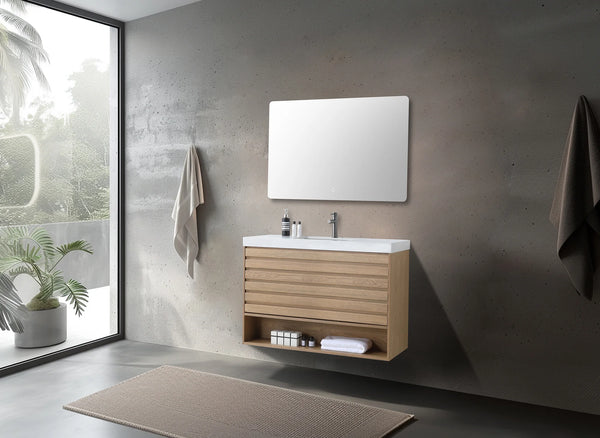 MATERA 36” PECAN OAK BATHROOM VANITY (BLACK /WHITE COUNTERTOP)