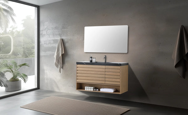 MATERA 48” PECAN OAK BATHROOM VANITY (BLACK/WHITE COUNTERTOP)