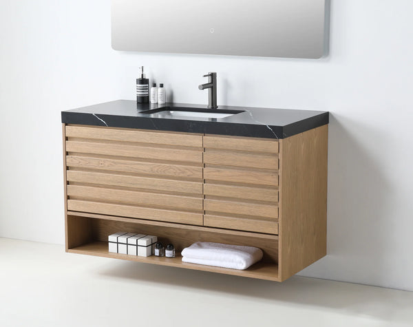 MATERA 48” PECAN OAK BATHROOM VANITY (BLACK/WHITE COUNTERTOP)