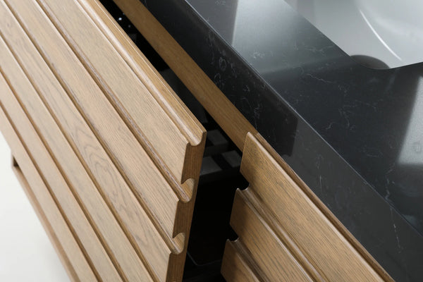 MATERA 48” PECAN OAK BATHROOM VANITY (BLACK/WHITE COUNTERTOP)