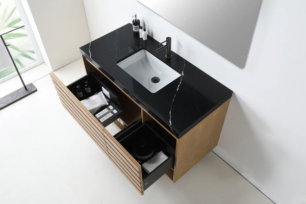 MATERA 48” PECAN OAK BATHROOM VANITY (BLACK/WHITE COUNTERTOP)