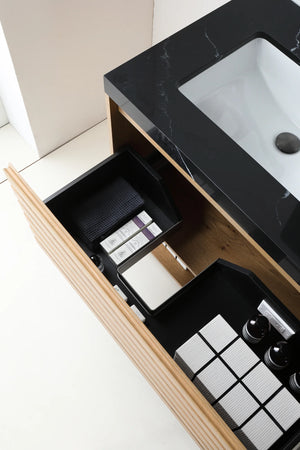 MATERA 48” PECAN OAK BATHROOM VANITY (BLACK/WHITE COUNTERTOP)