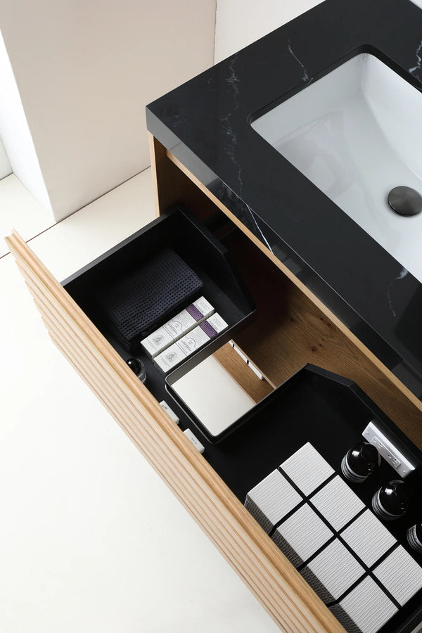 MATERA 48” PECAN OAK BATHROOM VANITY (BLACK/WHITE COUNTERTOP)