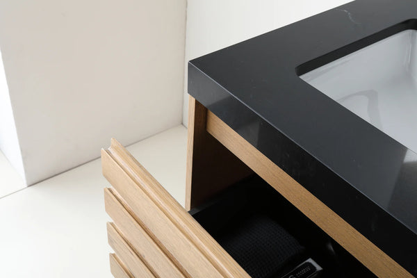 MATERA 48” PECAN OAK BATHROOM VANITY (BLACK/WHITE COUNTERTOP)